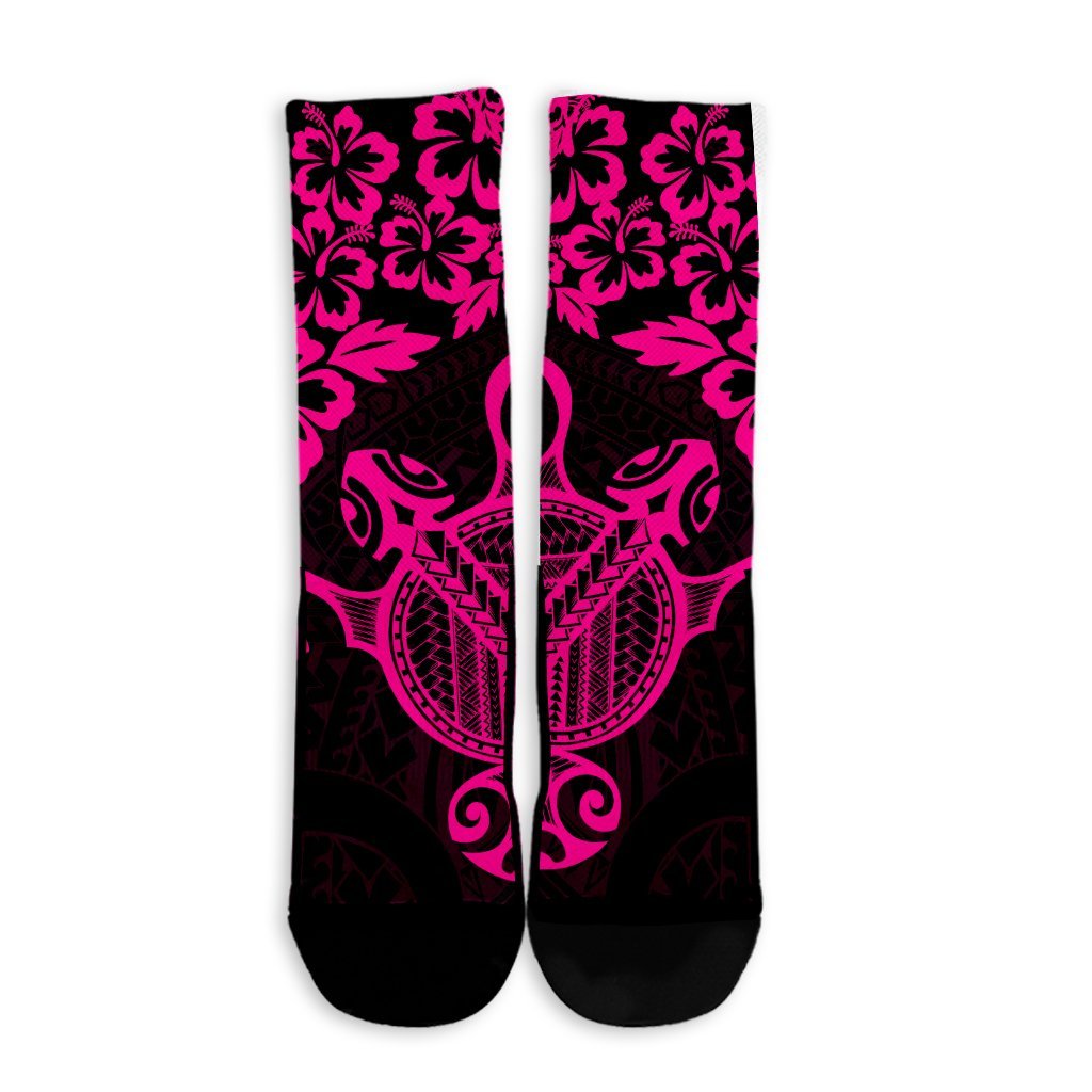 Hawaiian Map Turtle Hibiscus Kanaka Polynesian Crew Socks - Pink - AH - Polynesian Pride