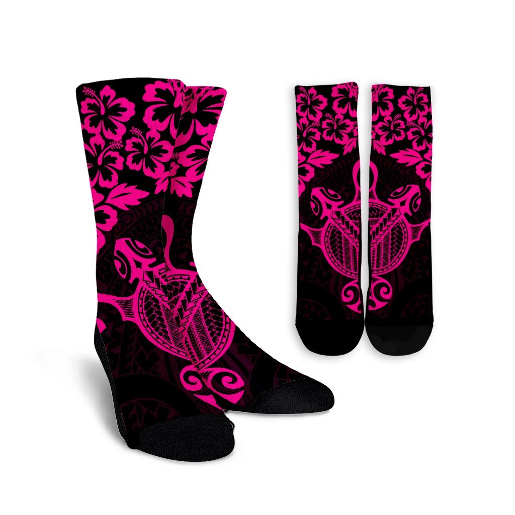 Hawaiian Map Turtle Hibiscus Kanaka Polynesian Crew Socks - Pink - AH Crew Socks White - Polynesian Pride