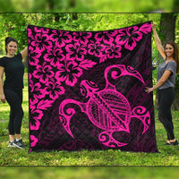 Hawaiian Map Turtle Hibiscus Kanaka Polynesian Premium Quilts - Pink - AH Black - Polynesian Pride