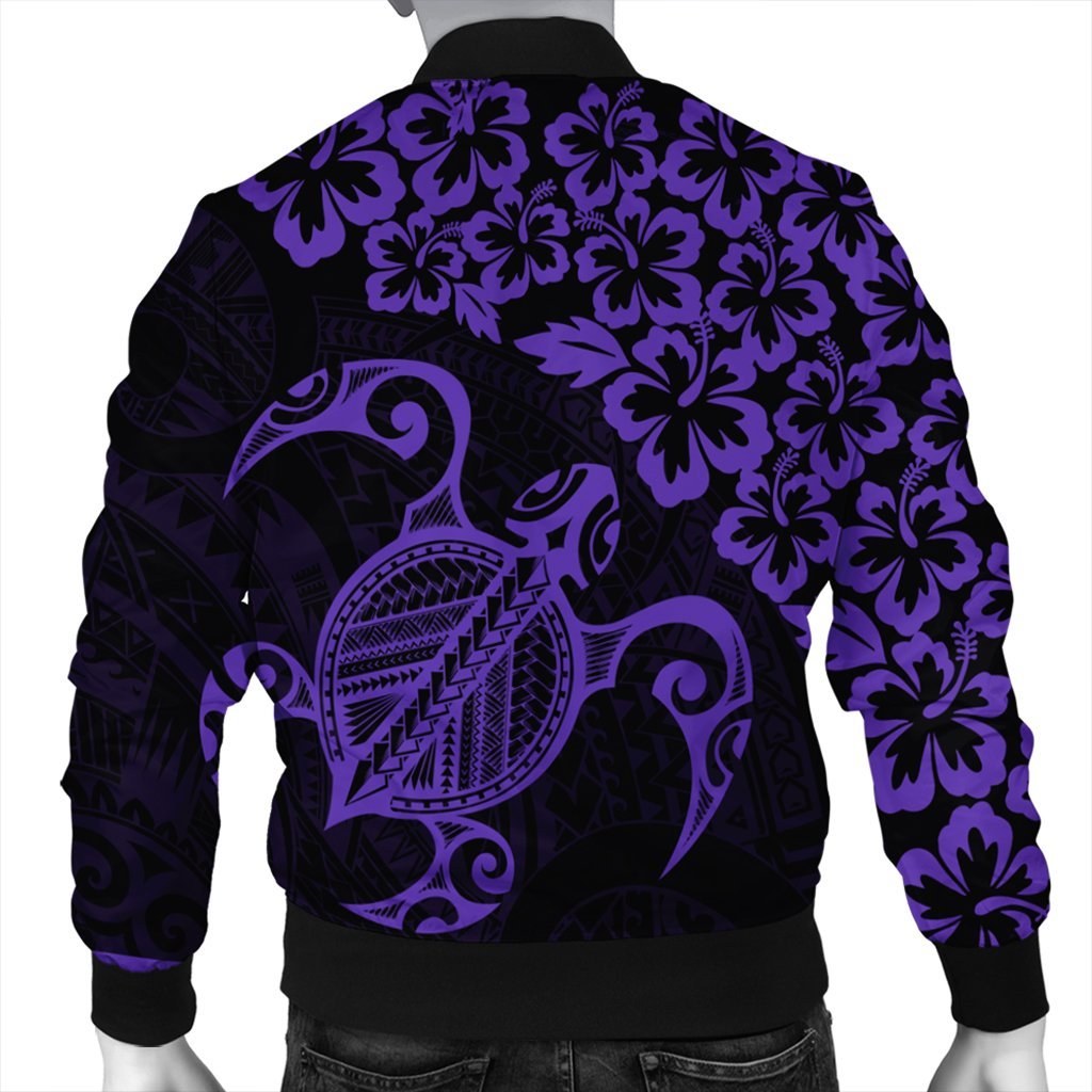 Hawaiian Map Turtle Hibiscus Kanaka Polynesian Bomber Jacket - Purple - AH - Polynesian Pride