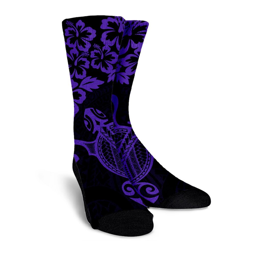 Hawaiian Map Turtle Hibiscus Kanaka Polynesian Crew Socks - Purple - AH - Polynesian Pride