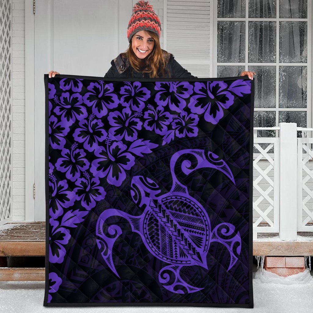 Hawaiian Map Turtle Hibiscus Kanaka Polynesian Premium Quilts - Purple - AH - Polynesian Pride
