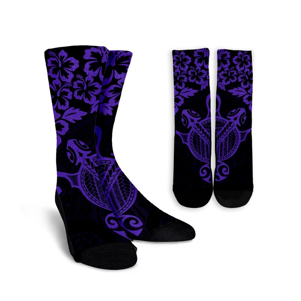 Hawaiian Map Turtle Hibiscus Kanaka Polynesian Crew Socks - Purple - AH Crew Socks White - Polynesian Pride