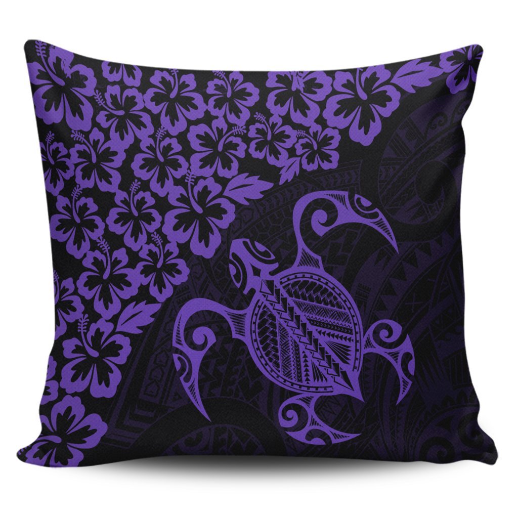 Hawaiian Map Turtle Hibiscus Kanaka Polynesian Pillow Covers - Purple - AH Pillow Covers Black - Polynesian Pride