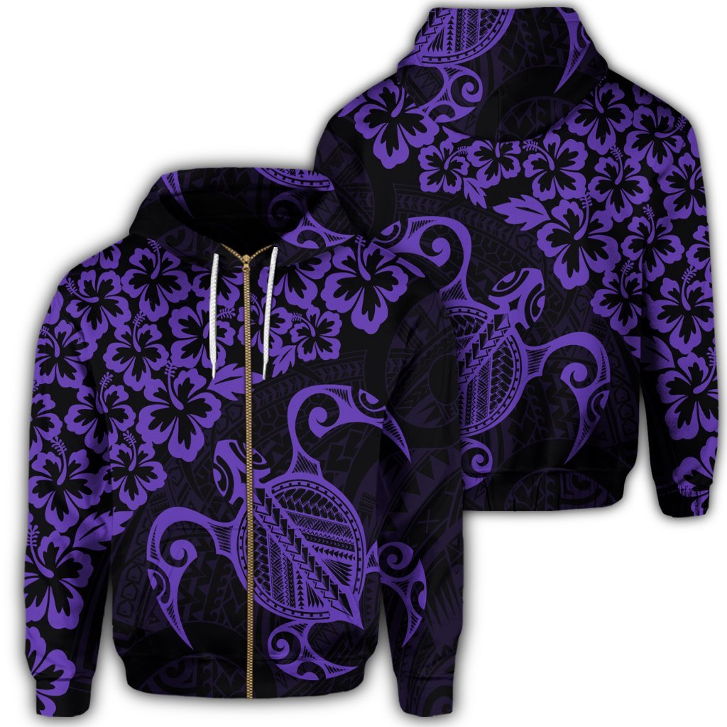Hawaiian Map Turtle Hibiscus Kanaka Polynesian Zip Hoodie Purple Unisex Art - Polynesian Pride
