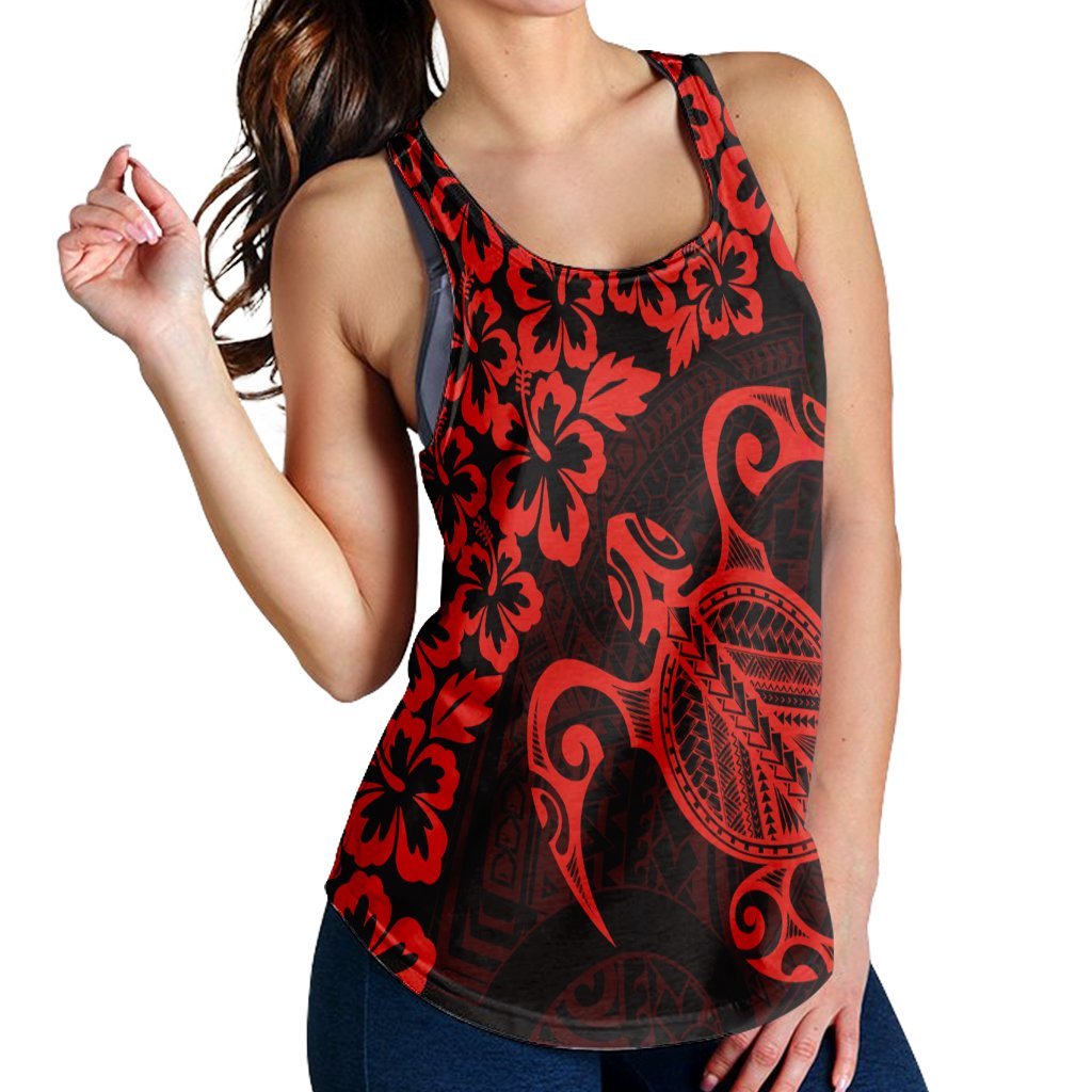 Hawaiian Map Turtle Hibiscus Kanaka Polynesian Racerback Tank - Red - AH - Polynesian Pride