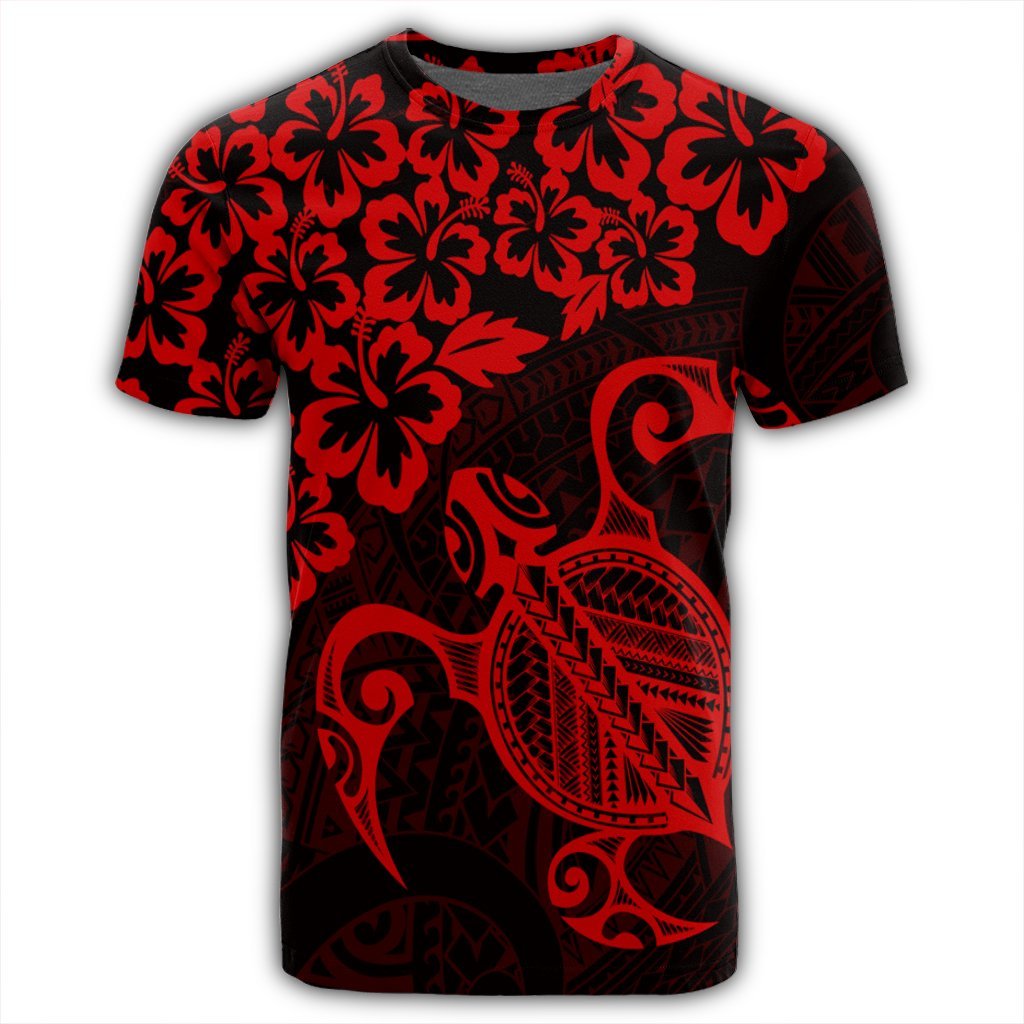 Hawaiian Map Turtle Hibiscus Kanaka Polynesian T Shirt Red - Polynesian Pride
