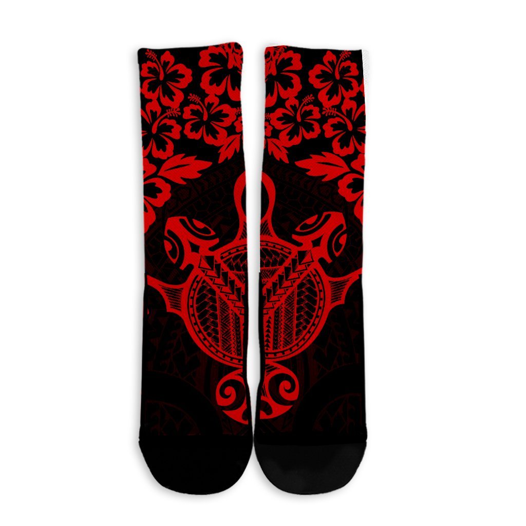 Hawaiian Map Turtle Hibiscus Kanaka Polynesian Crew Socks - Red - AH - Polynesian Pride