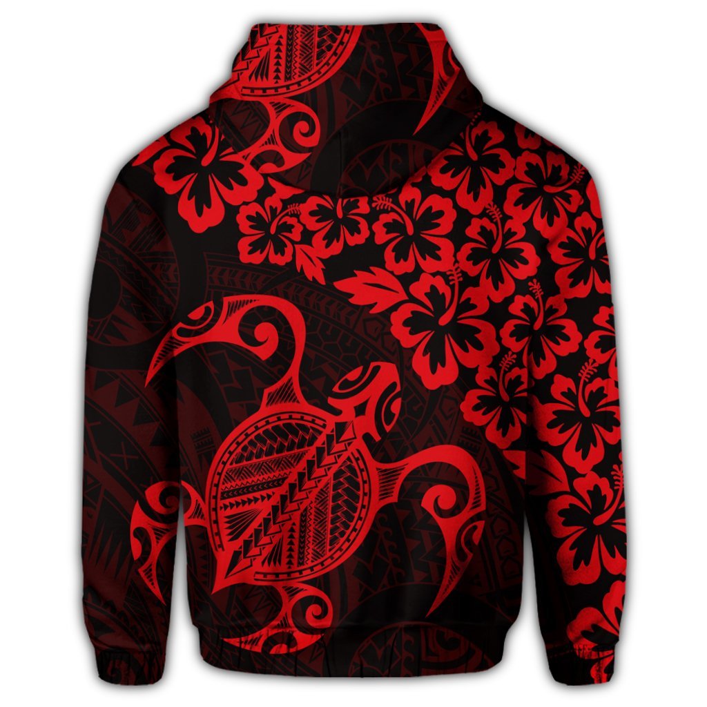 Hawaiian Map Turtle Hibiscus Kanaka Polynesian Zip Hoodie Red - Polynesian Pride
