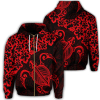 Hawaiian Map Turtle Hibiscus Kanaka Polynesian Zip Hoodie Red Unisex Art - Polynesian Pride