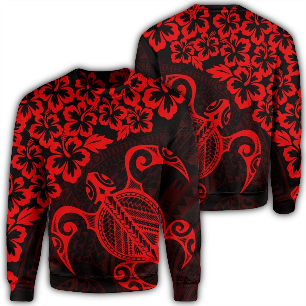 Hawaiian Map Turtle Hibiscus Kanaka Polynesian Sweatshirt - Red - AH Unisex Black - Polynesian Pride