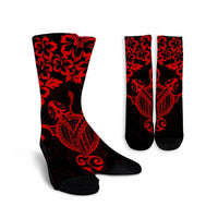 Hawaiian Map Turtle Hibiscus Kanaka Polynesian Crew Socks - Red - AH Crew Socks White - Polynesian Pride