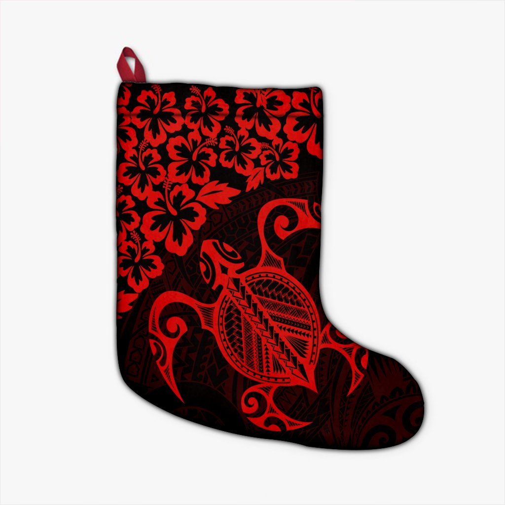 Hawaiian Map Turtle Hibiscus Kanaka Polynesian Christmas Stocking - Red - AH Christmas Stocking 26 X 42 cm Black - Polynesian Pride