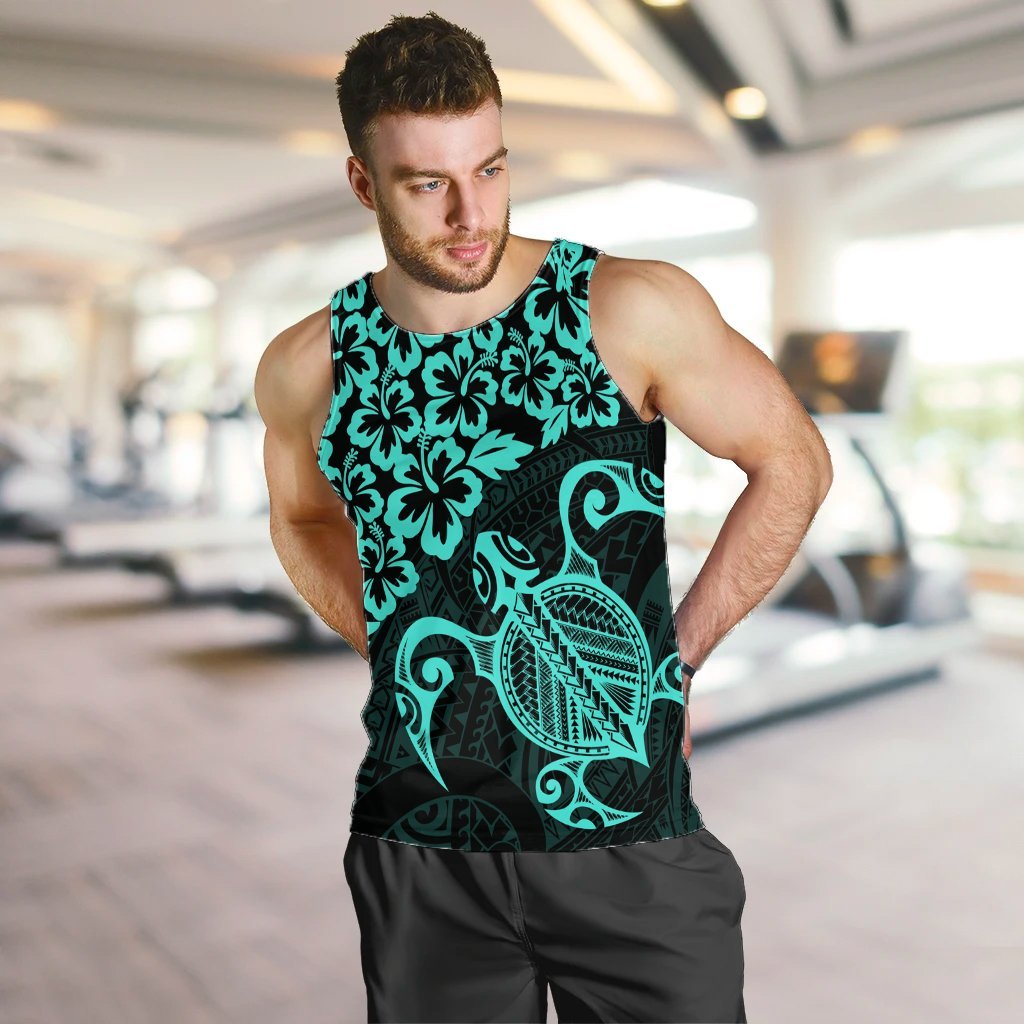 Hawaiian Map Turtle Hibiscus Kanaka Polynesian Tank Top - Turquoise - AH - Polynesian Pride