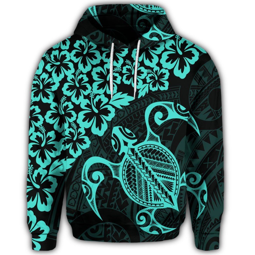 Hawaiian Map Turtle Hibiscus Kanaka Polynesian Hoodie Turquoise - Polynesian Pride