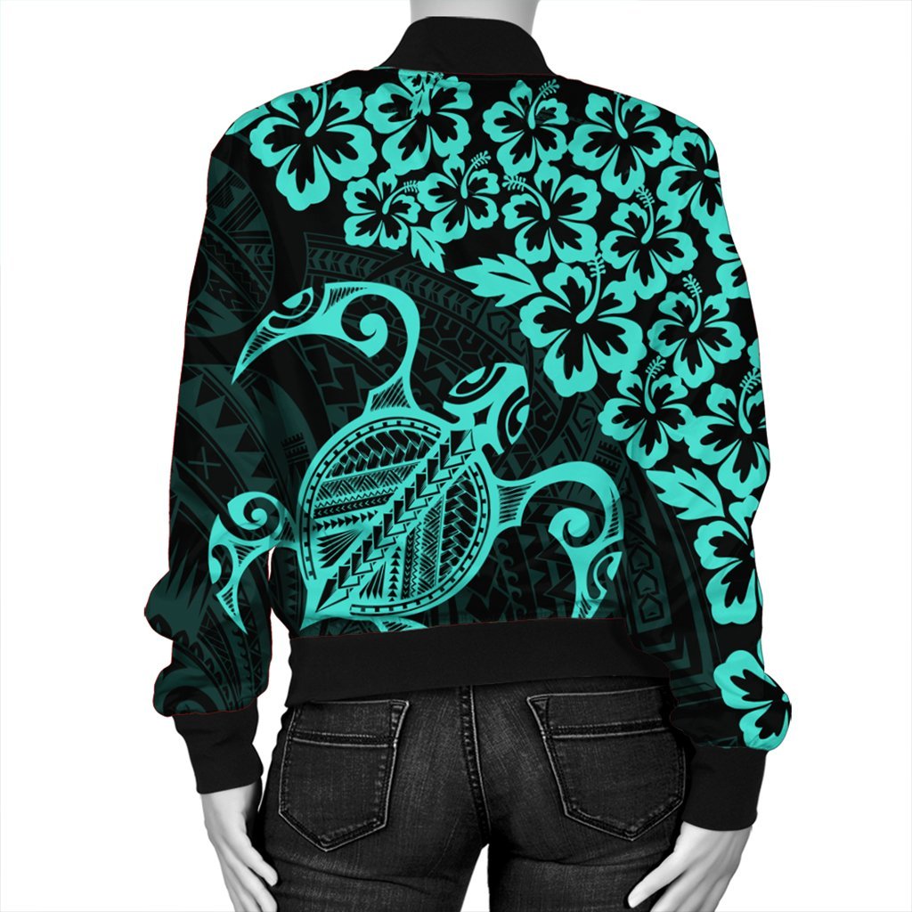Hawaiian Map Turtle Hibiscus Kanaka Polynesian Bomber Jacket - Turquoise - AH - Polynesian Pride