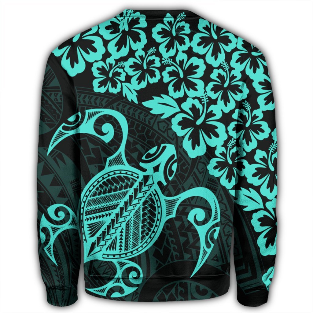 Hawaiian Map Turtle Hibiscus Kanaka Polynesian Sweatshirt - Turquoise - AH - Polynesian Pride
