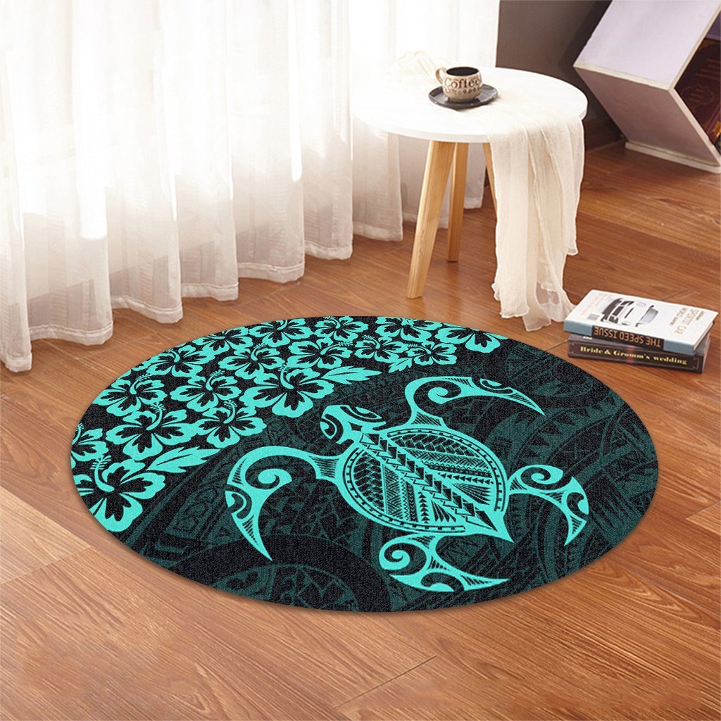 Hawaiian Map Turtle Hibiscus Kanaka Polynesian Round Carpet - Turquoise - AH - Polynesian Pride