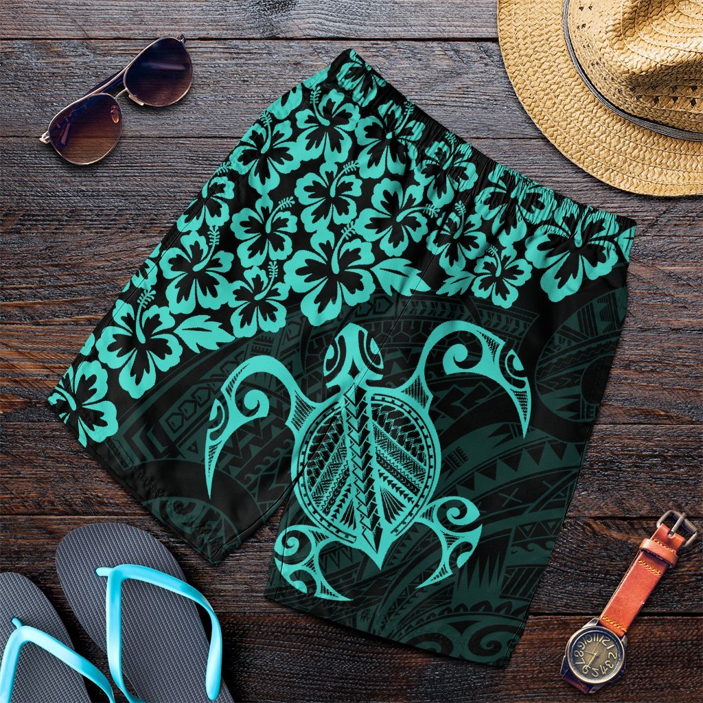 Hawaiian Map Turtle Hibiscus Kanaka Polynesian Men's Shorts - Turquoise - AH Art - Polynesian Pride
