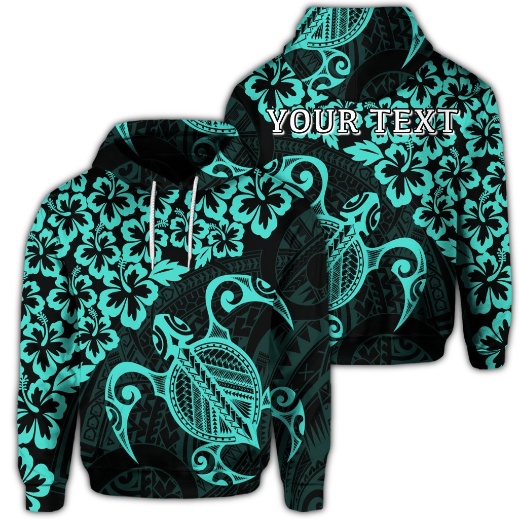 Custom Hawaiian Map Turtle Hibiscus Kanaka Polynesian Hoodie Turquoise Unisex Art - Polynesian Pride