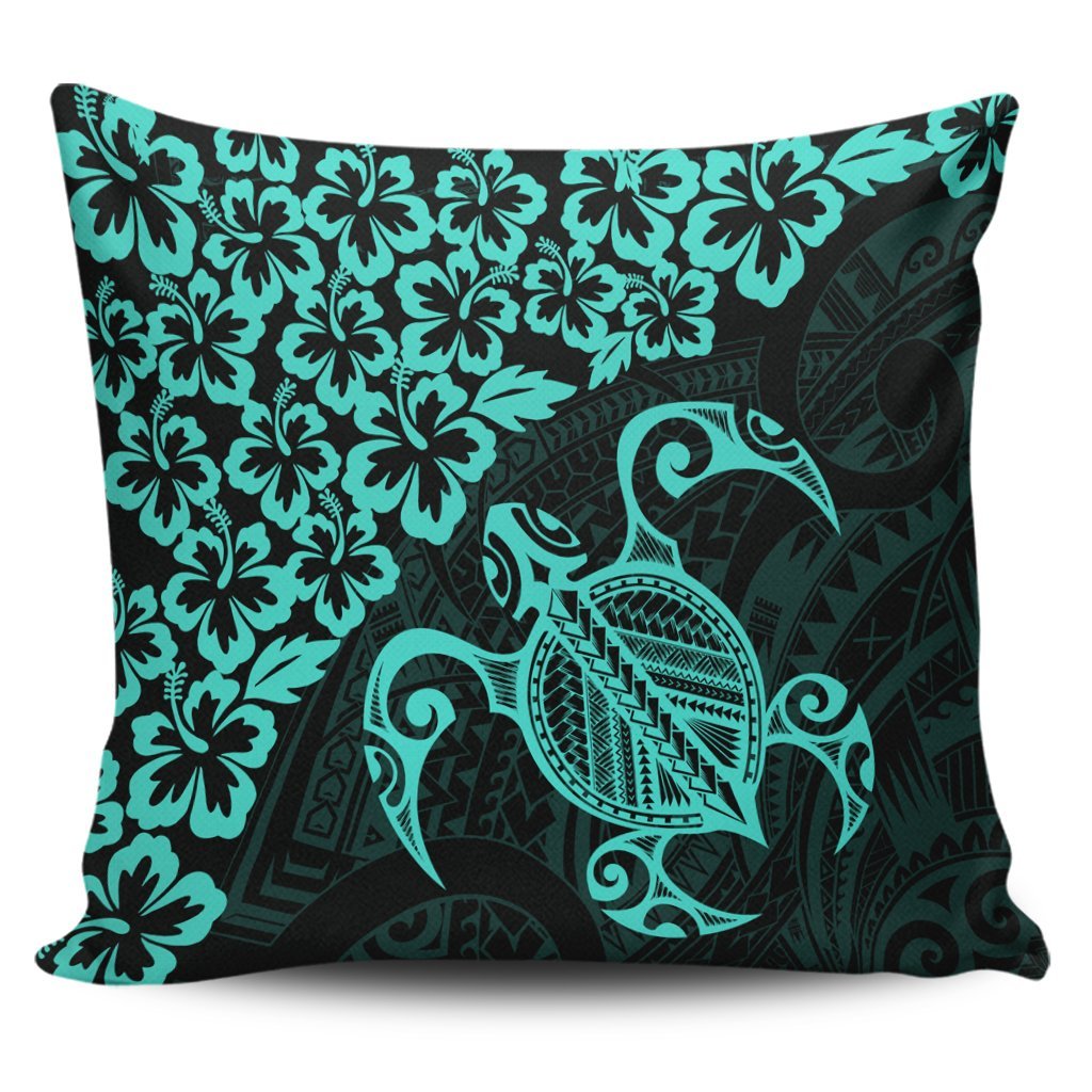 Hawaiian Map Turtle Hibiscus Kanaka Polynesian Pillow Covers - Turquoise - AH Pillow Covers Black - Polynesian Pride