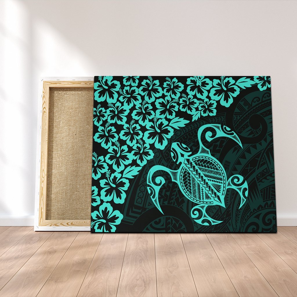 Hawaiian Map Turtle Hibiscus Kanaka Polynesian Canvas - Turquoise - AH Canvas Poly-cotton - Polynesian Pride