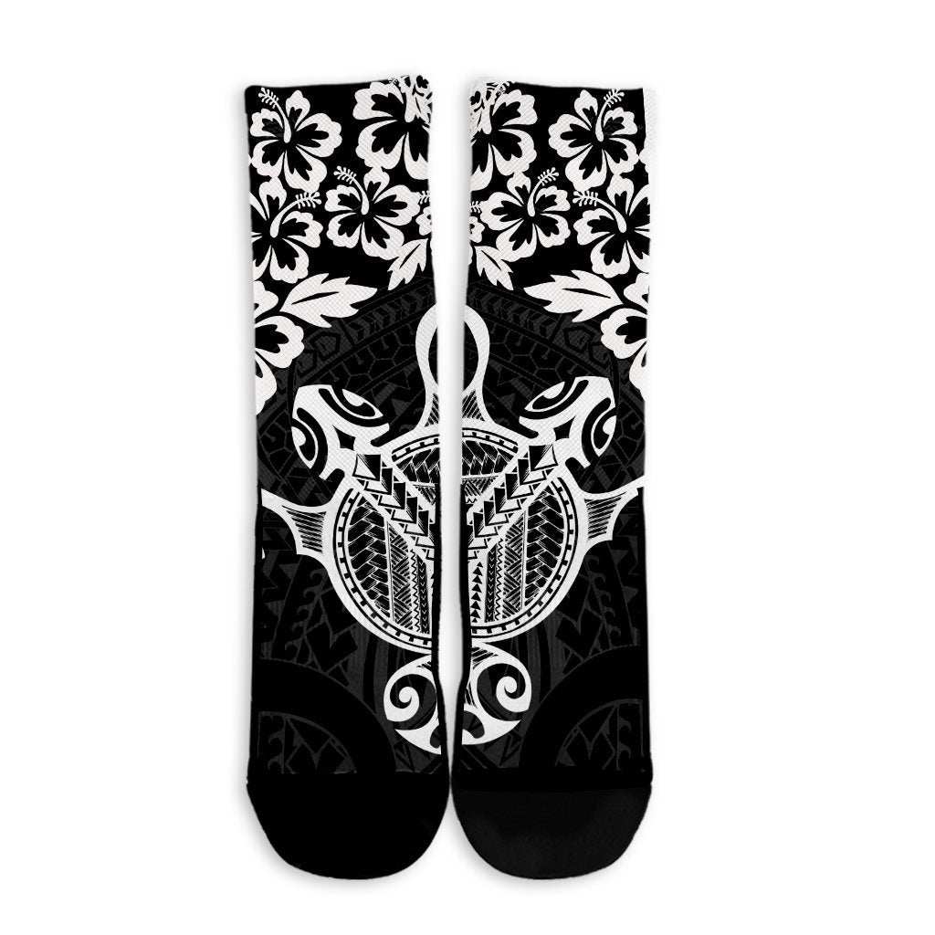 Hawaiian Map Turtle Hibiscus Kanaka Polynesian Crew Socks - White - AH - Polynesian Pride