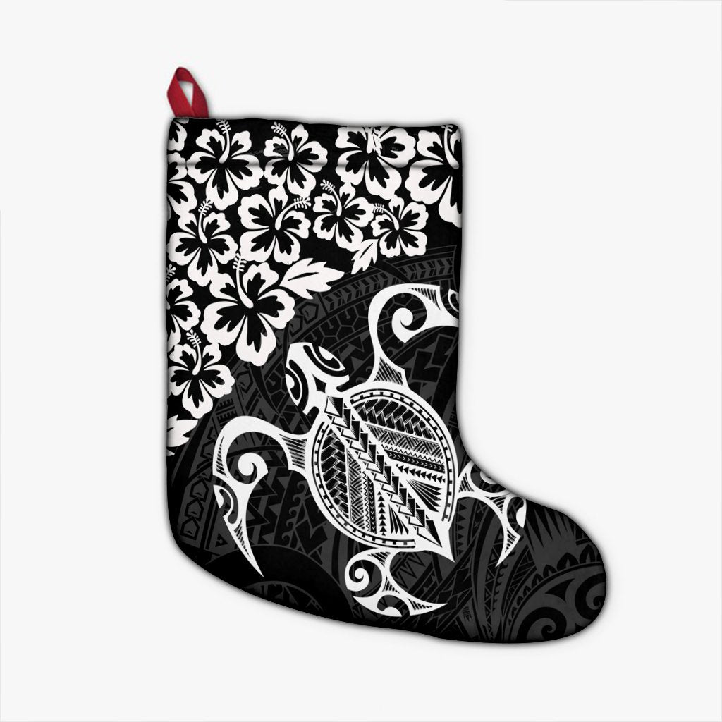 Hawaiian Map Turtle Hibiscus Kanaka Polynesian Christmas Stocking - White - AH Christmas Stocking 26 X 42 cm Black - Polynesian Pride