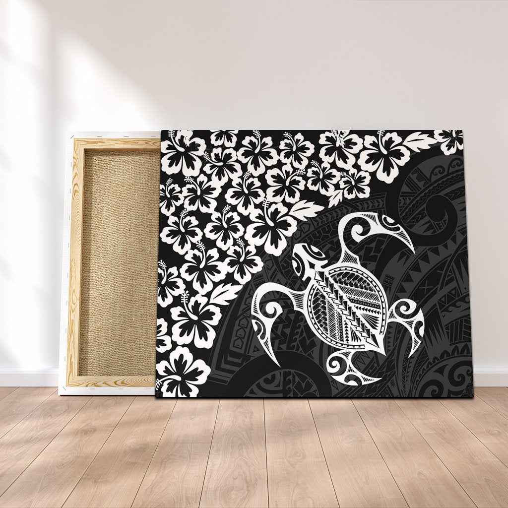Hawaiian Map Turtle Hibiscus Kanaka Polynesian Canvas - White - AH Canvas Poly-cotton - Polynesian Pride