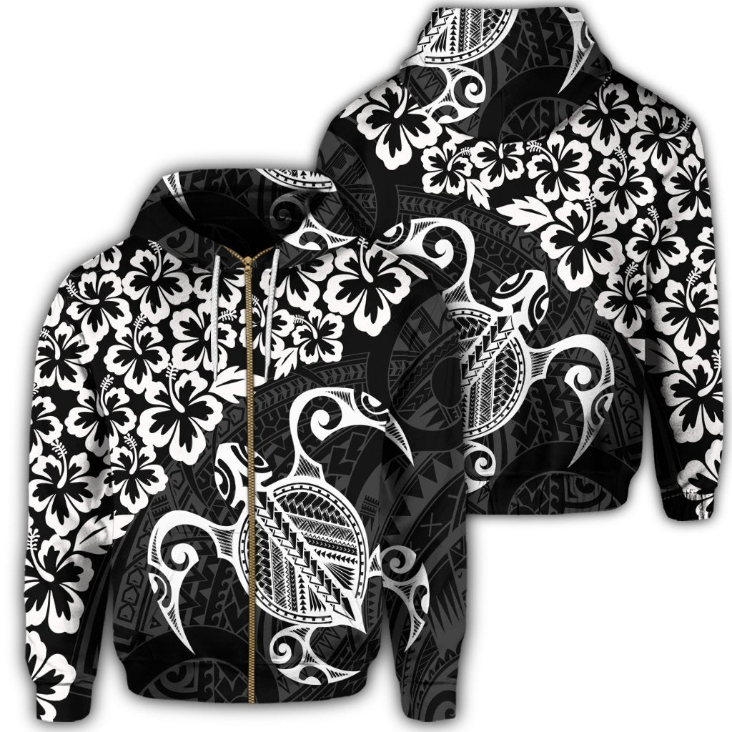 Hawaiian Map Turtle Hibiscus Kanaka Polynesian Zip Hoodie White Unisex Art - Polynesian Pride