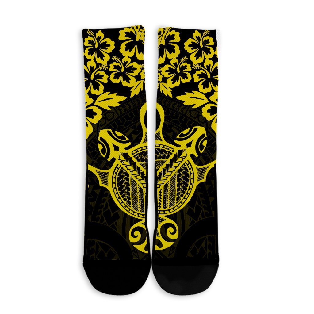 Hawaiian Map Turtle Hibiscus Kanaka Polynesian Crew Socks - Yellow - AH - Polynesian Pride