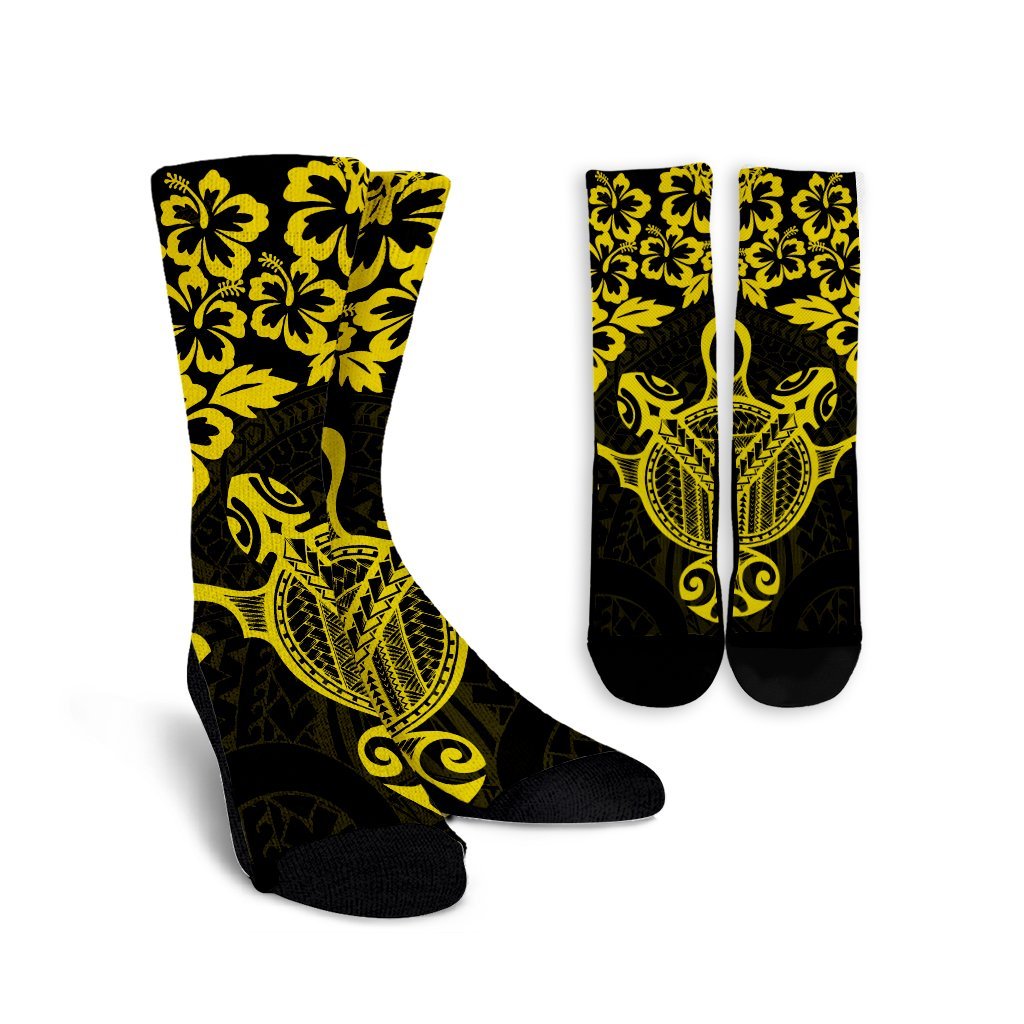 Hawaiian Map Turtle Hibiscus Kanaka Polynesian Crew Socks - Yellow - AH Crew Socks White - Polynesian Pride