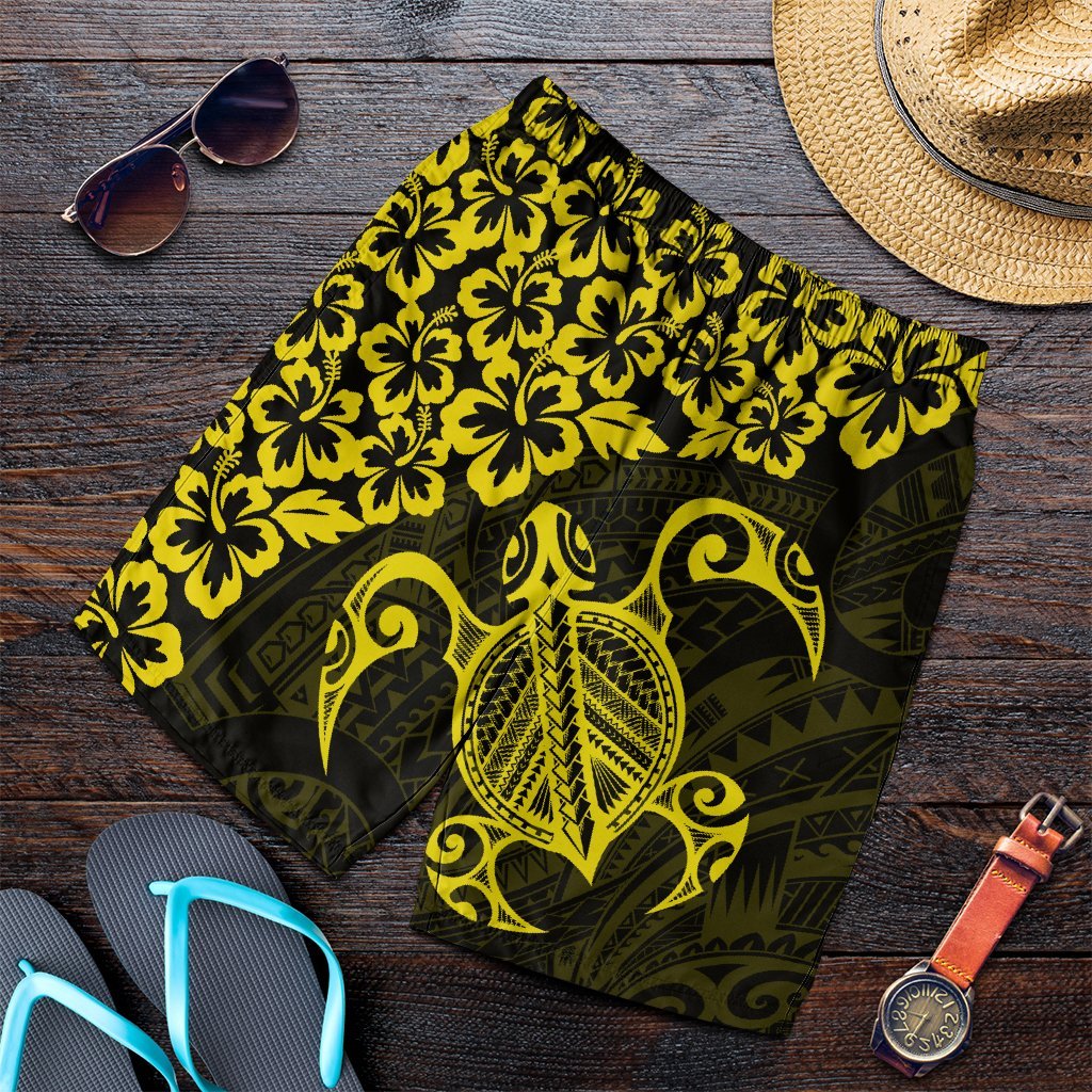 Hawaiian Map Turtle Hibiscus Kanaka Polynesian Men's Shorts - Yellow - AH Art - Polynesian Pride