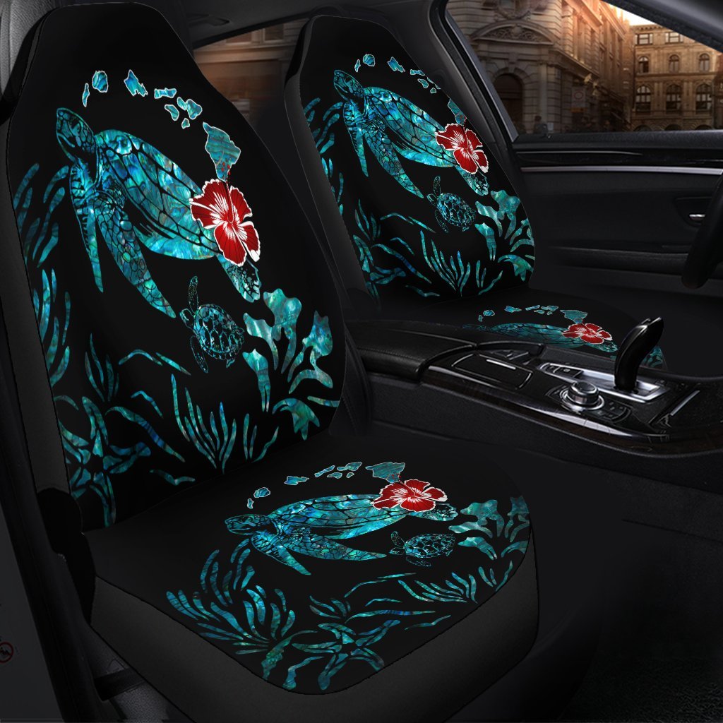 Hawaiian Map Turtle Hibiscus Ohana Honu Paua Shell Car Seat Covers - AH - Polynesian Pride