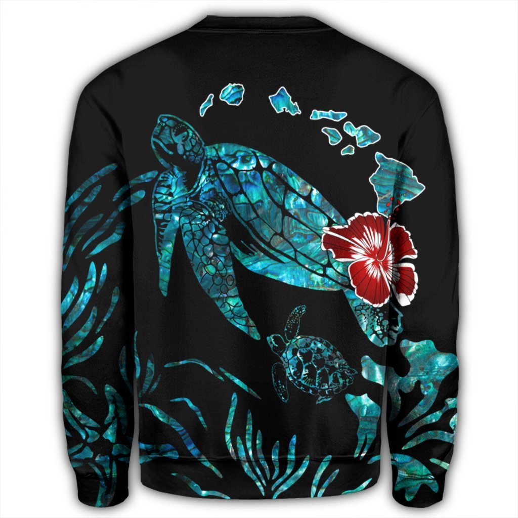 Hawaiian Map Turtle Hibiscus Ohana Honu Paua Shell Sweatshirt - AH - Polynesian Pride