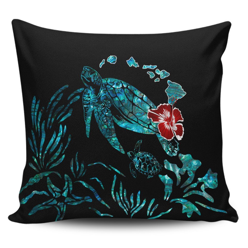 Hawaiian Map Turtle Hibiscus Ohana Honu Paua Shell Pillow Covers - AH Pillow Covers Black - Polynesian Pride