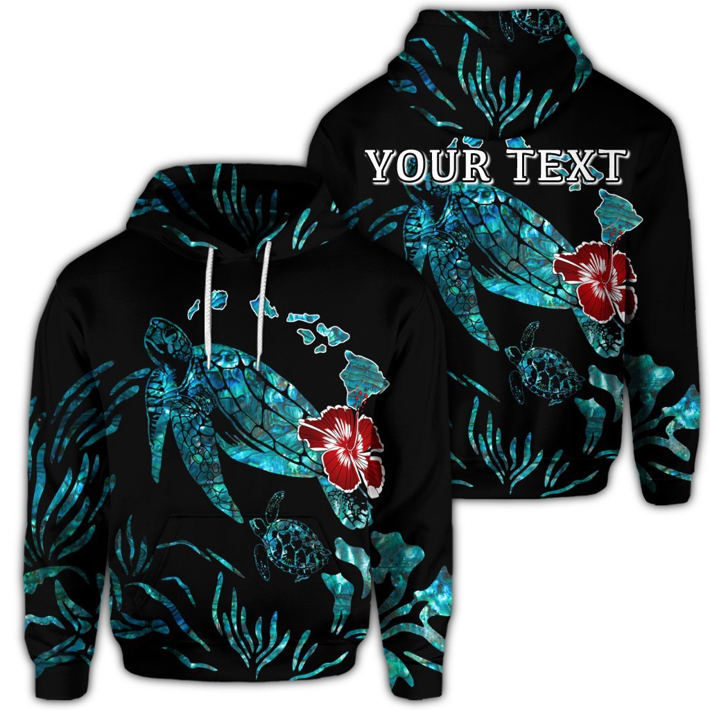 Custom Hawaiian Map Turtle Hibiscus Ohana Honu Paua Shell Hoodie Unisex Art - Polynesian Pride