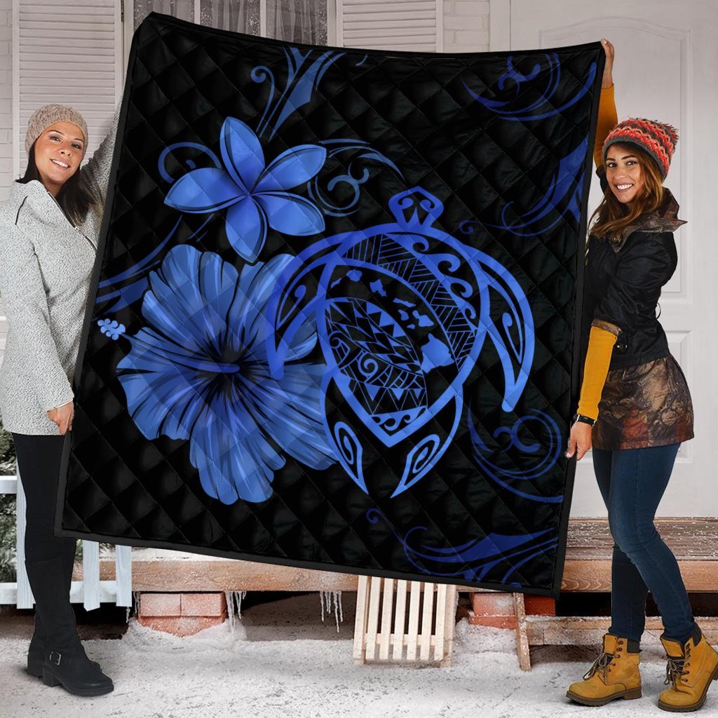 Hawaiian Map Turtle Hibiscus Plumeria Polynesian Premium Quilts - Blue - AH - Polynesian Pride