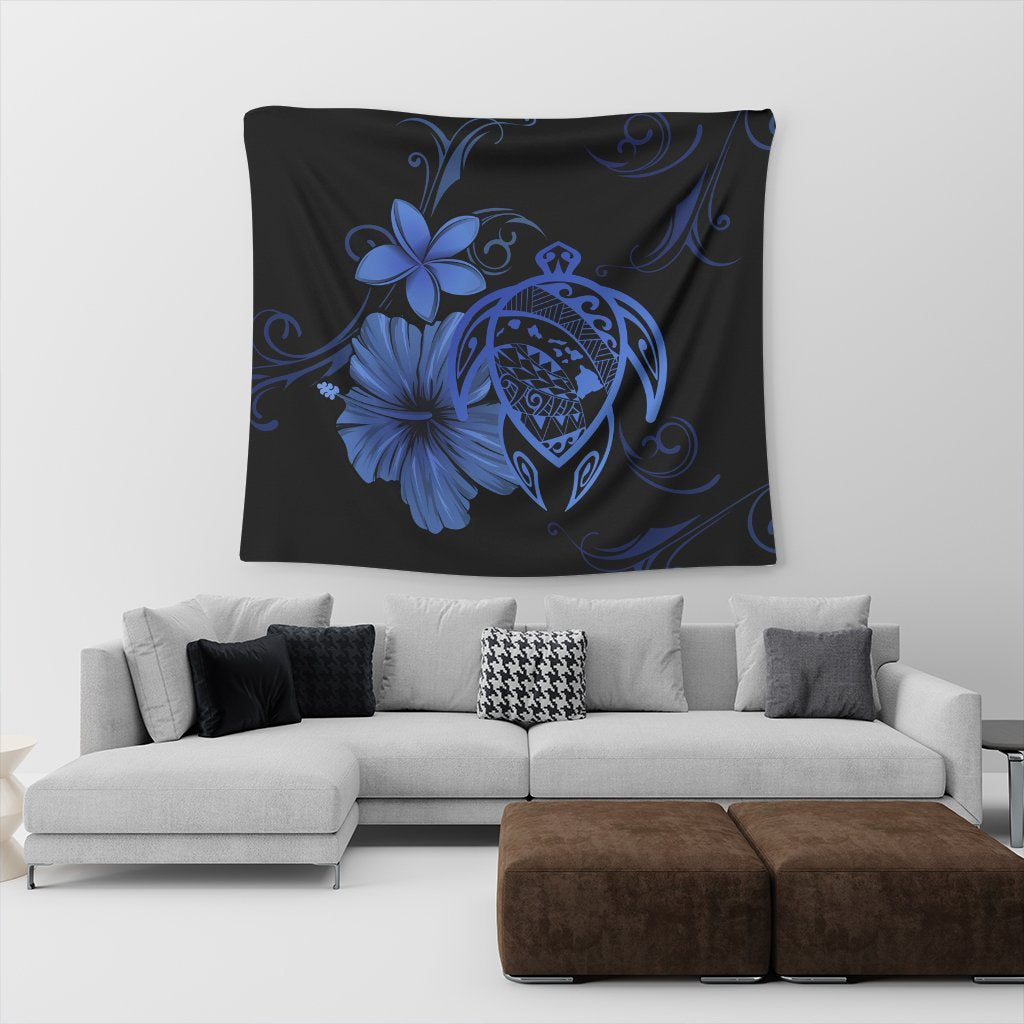 Hawaiian Map Turtle Hibiscus Plumeria Polynesian Tapestry - Blue - AH - Polynesian Pride