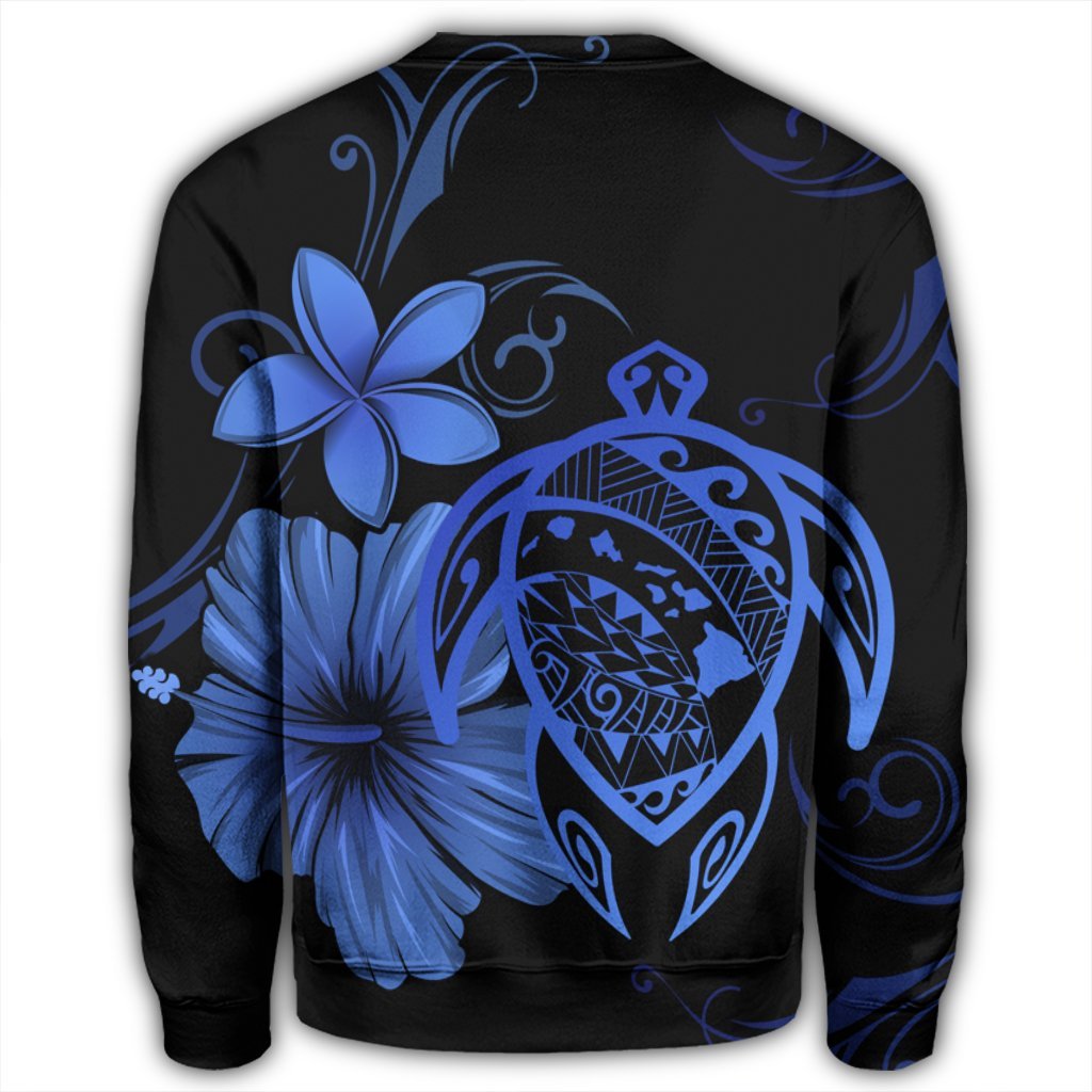 Hawaiian Map Turtle Hibiscus Plumeria Polynesian Sweatshirt - Blue - AH - Polynesian Pride