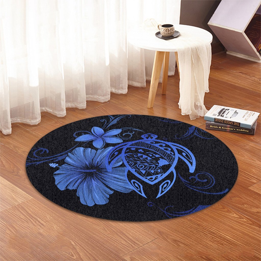Hawaiian Map Turtle Hibiscus Plumeria Polynesian Round Carpet - Blue - AH - Polynesian Pride