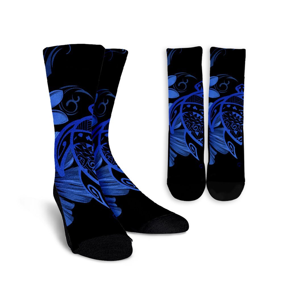 Hawaiian Map Turtle Hibiscus Plumeria Polynesian Crew Socks - Blue - AH Crew Socks White - Polynesian Pride