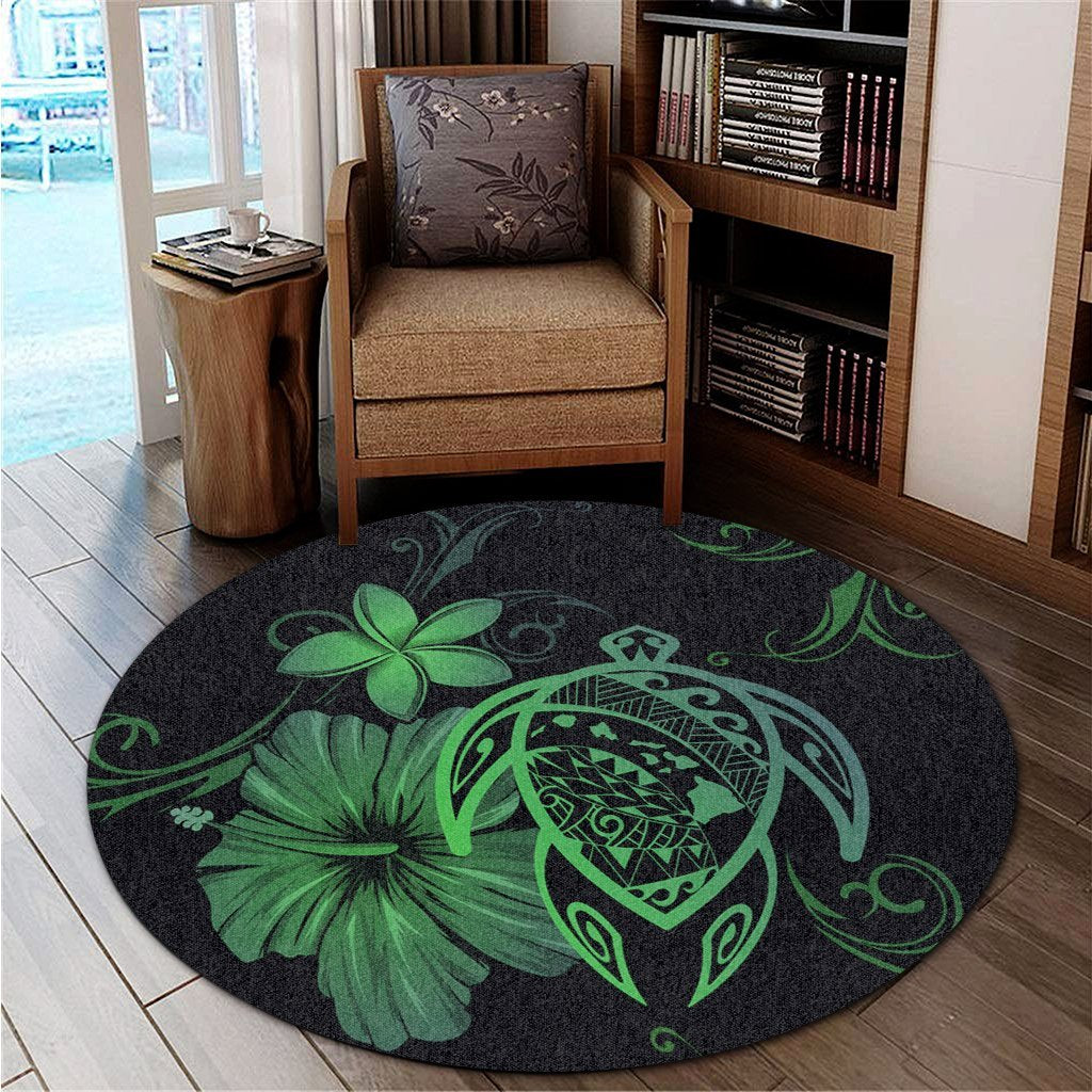 Hawaiian Map Turtle Hibiscus Plumeria Polynesian Round Carpet - Green - AH - Polynesian Pride