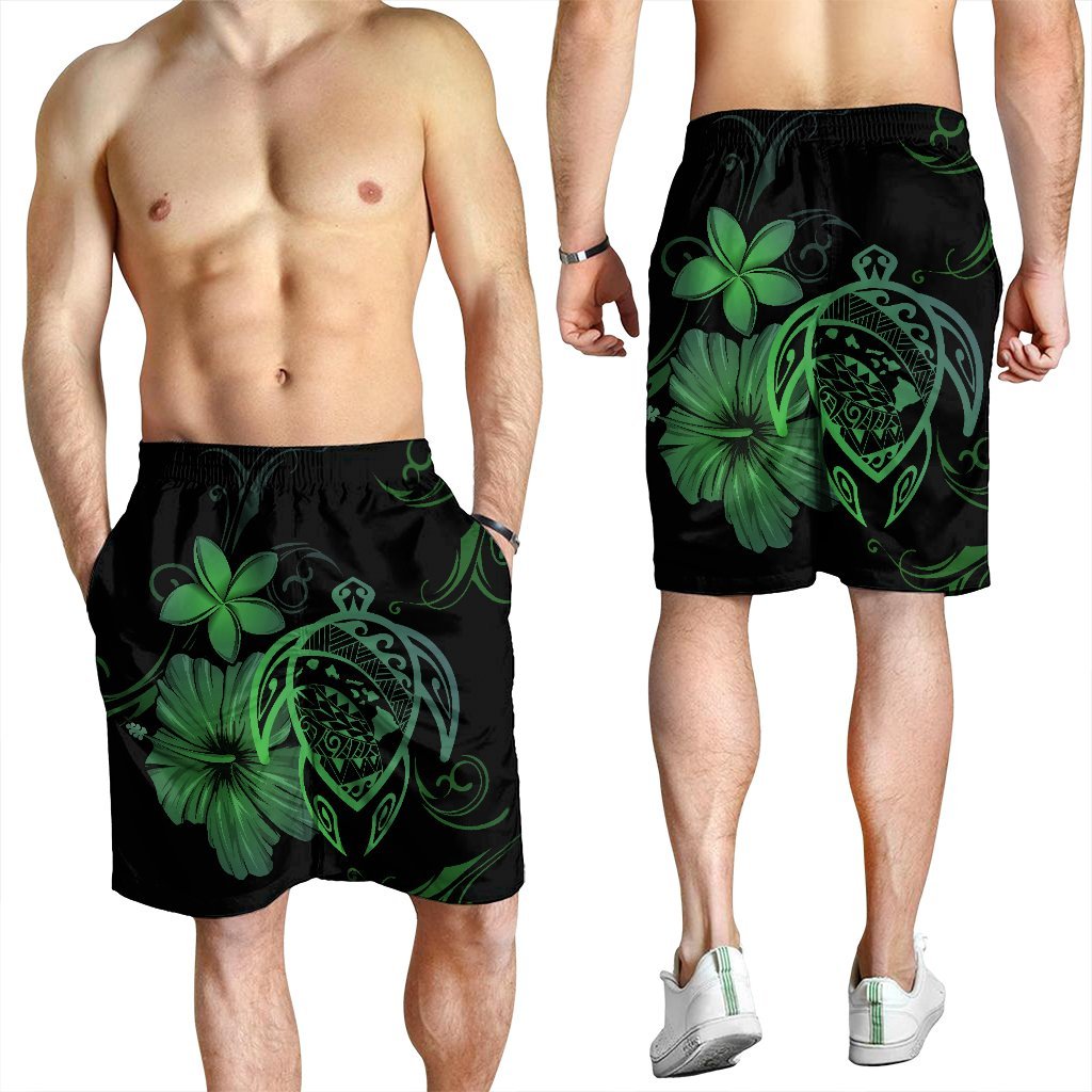 Hawaiian Map Turtle Hibiscus Plumeria Polynesian Men's Shorts - Green - AH - Polynesian Pride