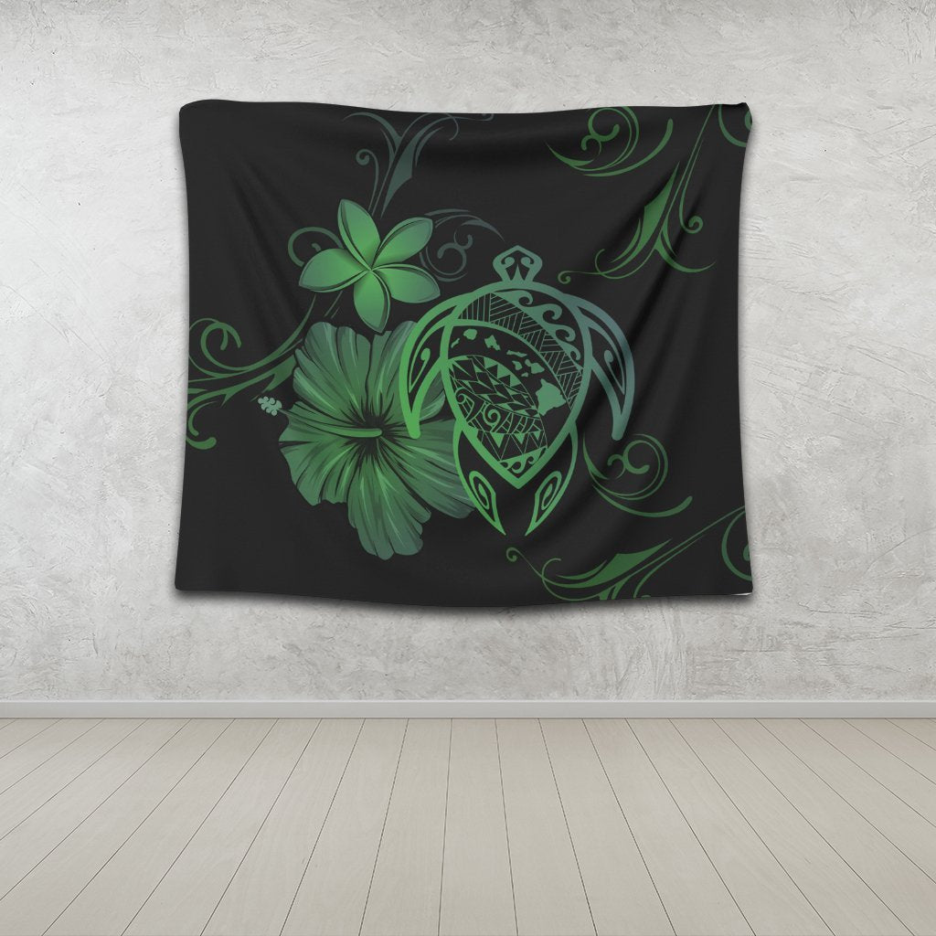 Hawaiian Map Turtle Hibiscus Plumeria Polynesian Tapestry - Green - AH - Polynesian Pride