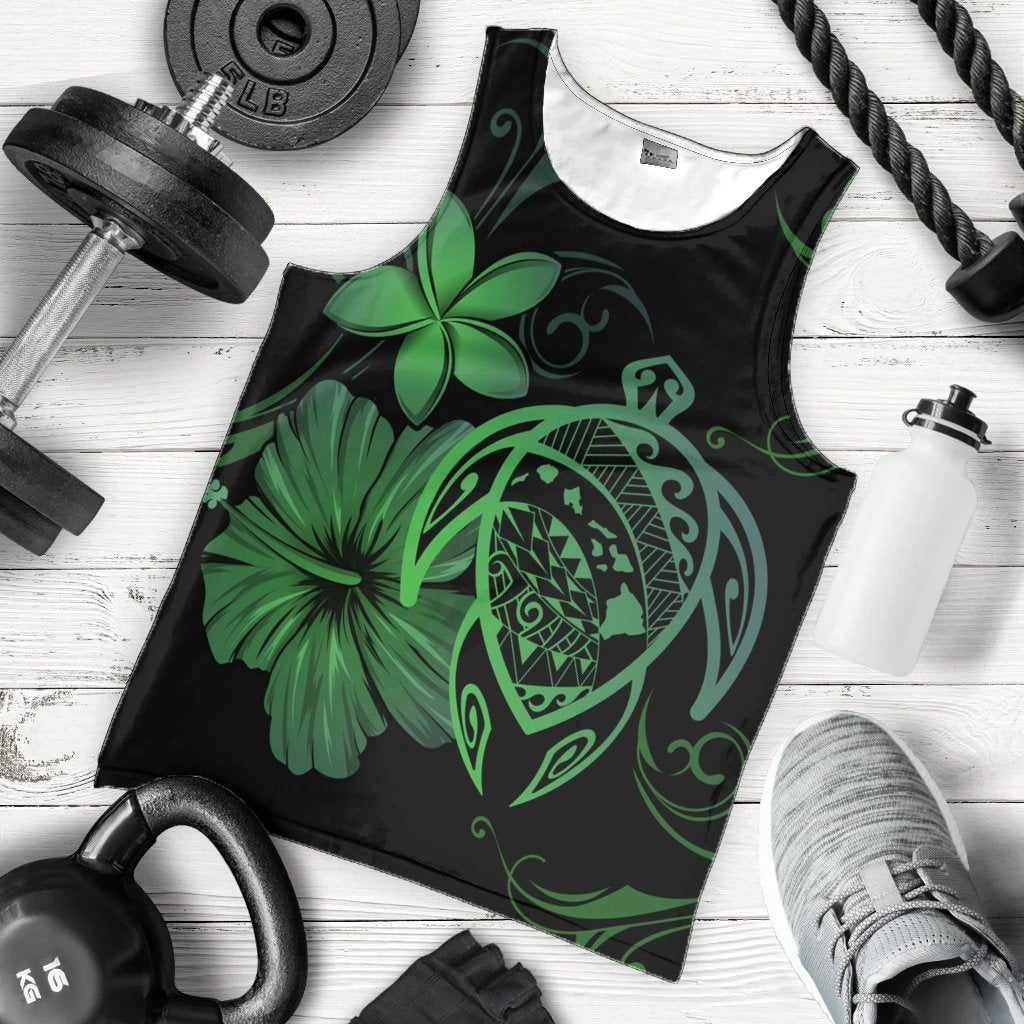 Hawaiian Map Turtle Hibiscus Plumeria Polynesian Tank Top - Green - AH - Polynesian Pride