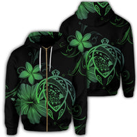 Hawaiian Map Turtle Hibiscus Plumeria Polynesian Zip Hoodie Green Unisex Art - Polynesian Pride