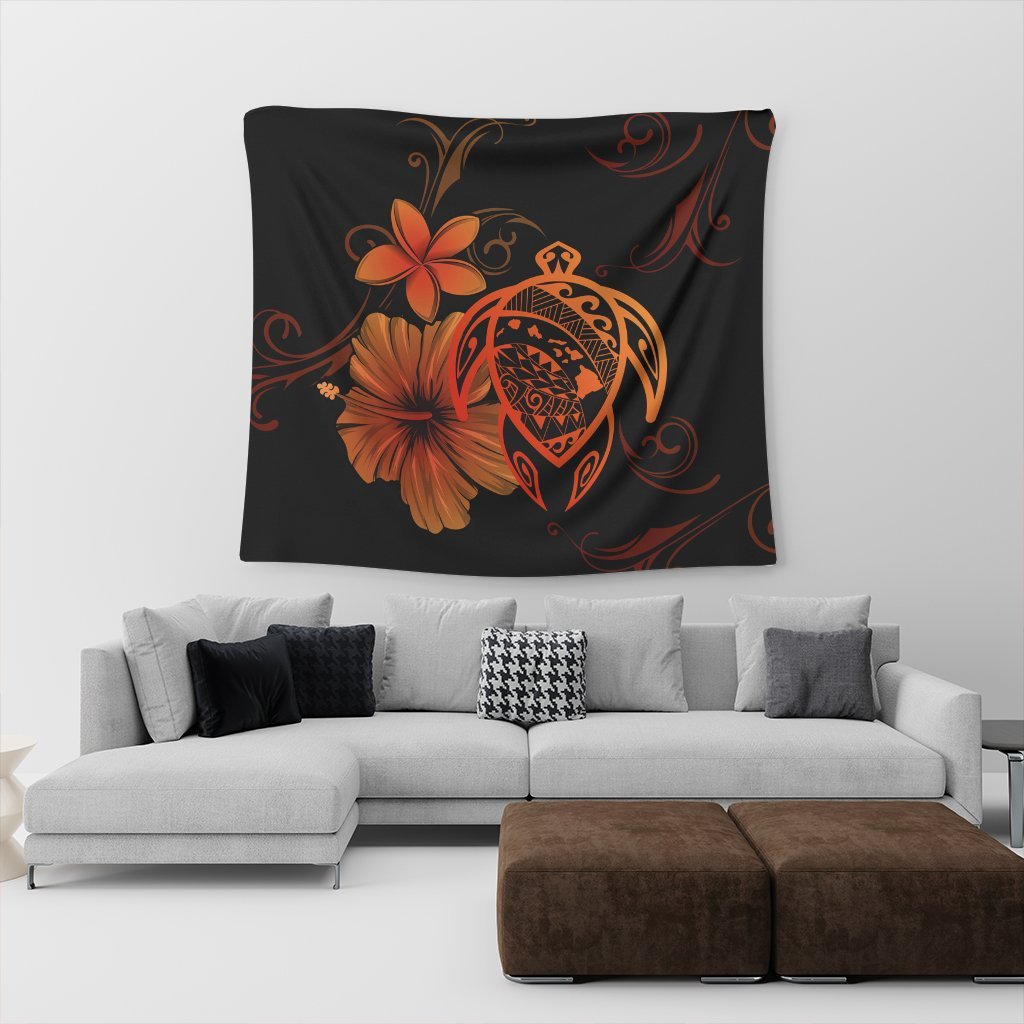 Hawaiian Map Turtle Hibiscus Plumeria Polynesian Tapestry - Orange - AH - Polynesian Pride