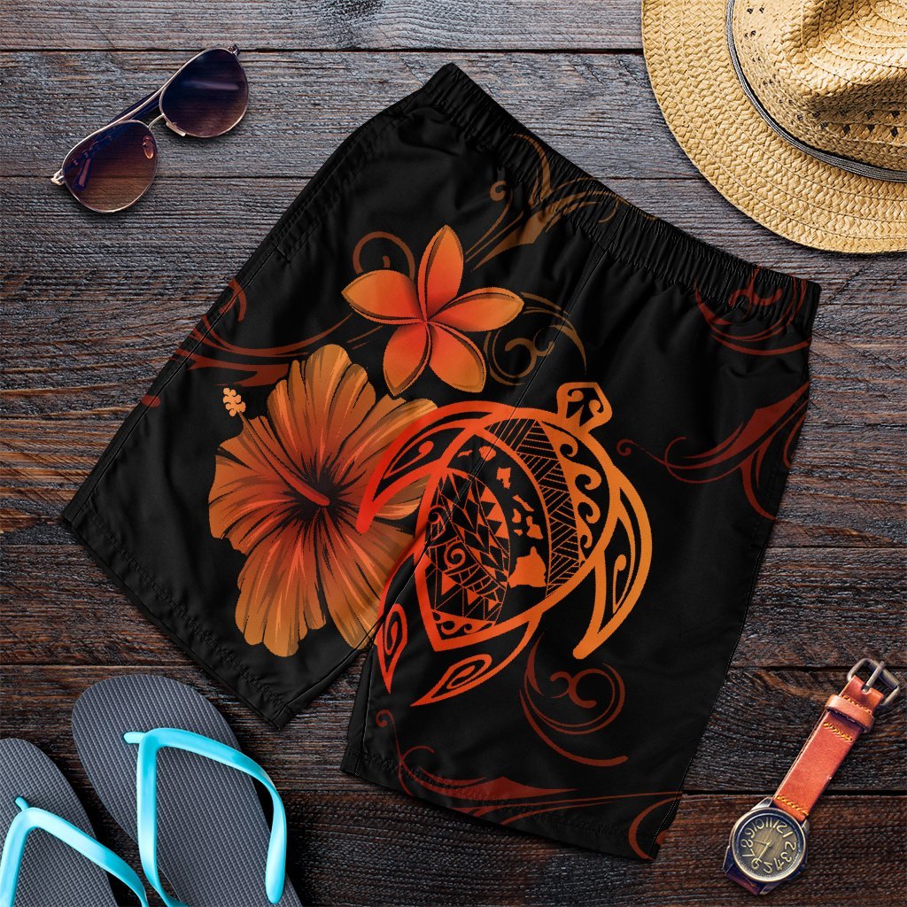 Hawaiian Map Turtle Hibiscus Plumeria Polynesian Men's Shorts - Orange - AH Art - Polynesian Pride
