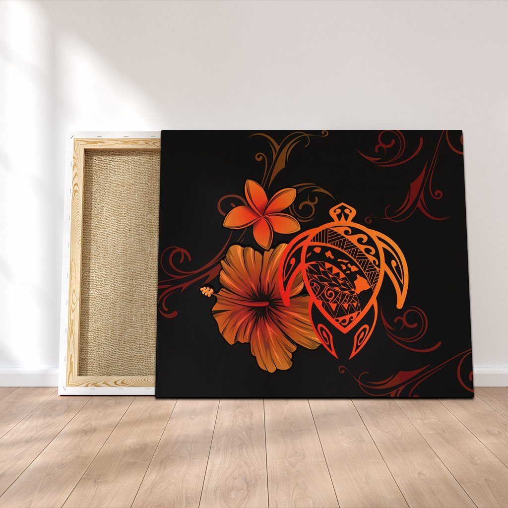Hawaiian Map Turtle Hibiscus Plumeria Polynesian Canvas - Orange - AH Canvas Poly-cotton - Polynesian Pride